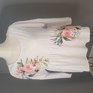No Label White Floral Lightweight 3/4 Sleeve Scoop Neck Babydoll Top Size XL